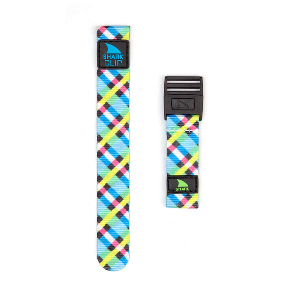 Freestyle Shark Classic Strap Kit: two neon plaid clip straps, each with a distinctive closure; one strap designed for an adjustable fit.