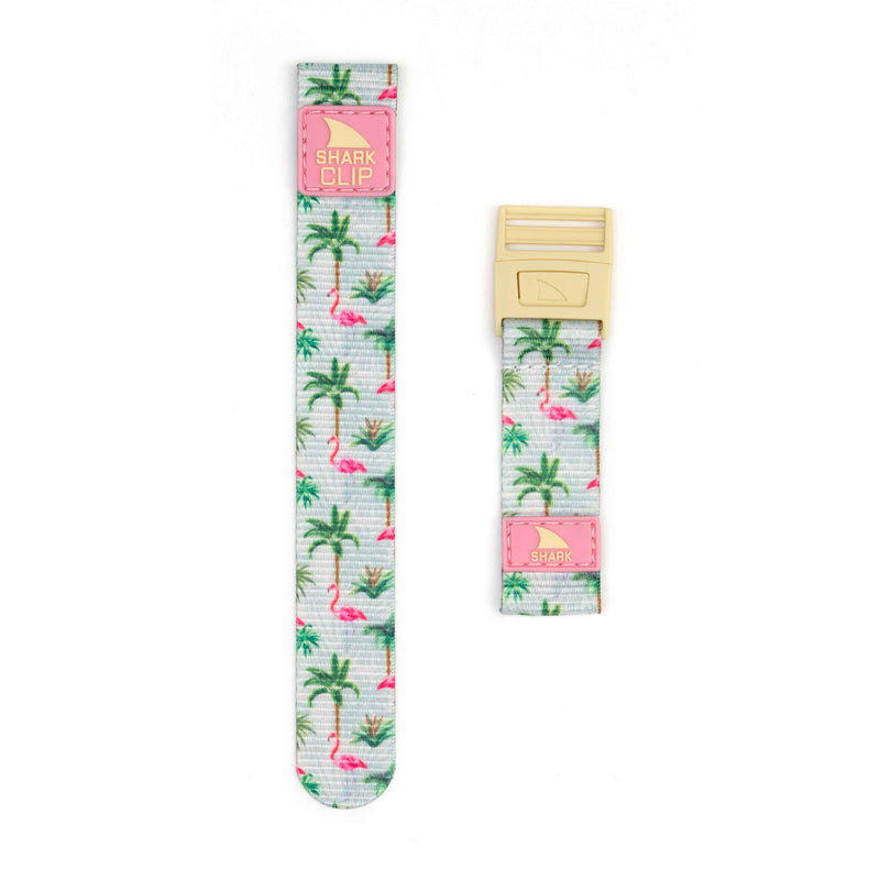Freestyle STRAP KIT - CLIP - FLAMINGO SUNRISE: two smartwatch straps featuring pink flamingos; one includes a Shark Clip buckle.