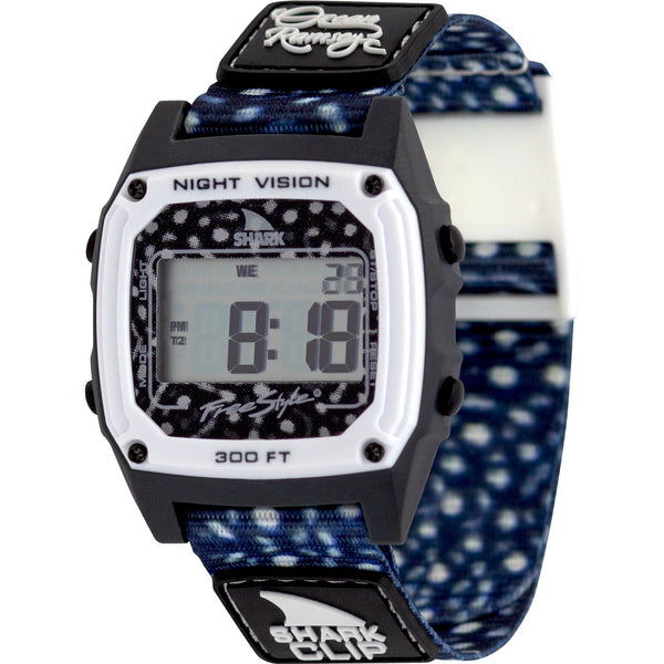 Freestyle Shark Classic WHALE SHARK with a blue Clip Strap, secure closure, and digital display showing numbers.