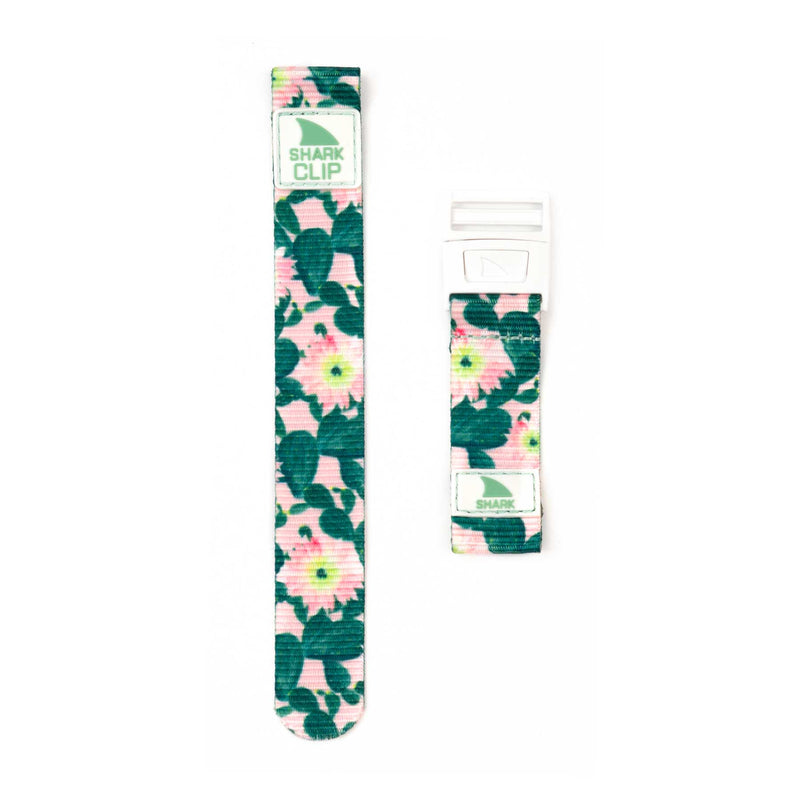 Two Freestyle STRAP KIT - CLIP - PRICKLY PEAR GREEN watch straps featuring green leaves and pink flowers on a white background.
