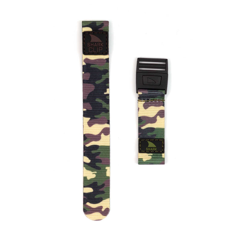 Two Freestyle STRAP KIT - CLIP - CAMO smart watch straps with black Shark Clip closures—one strap is extended, and the other is folded.