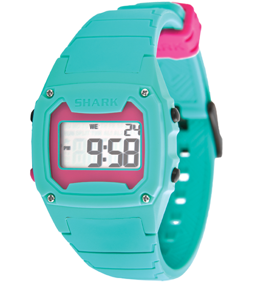The Freestyle Shark Classic Keeper in magenta silicone features a vibrant display and colorful strap keepers on its band.