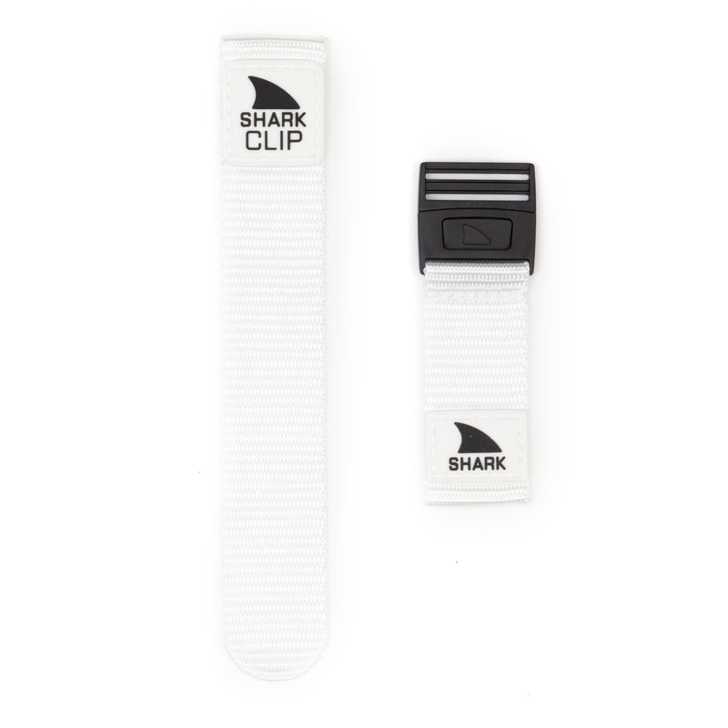 Two white Freestyle STRAP KIT - CLIP - MONOCHROME bands: one with a Shark Clip logo, one with SHARK text and a black buckle.