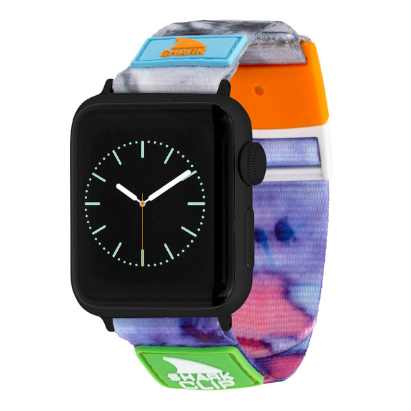 Freestyle APPLE WATCH™ with a tie dye magenta/blue clip strap and black rectangular face showing 10:10.