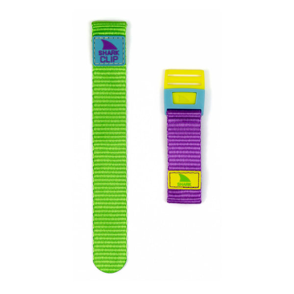 Two straps: a long green SHARK CLIP and a short purple Freestyle Apple Watch strap with a yellow buckle.