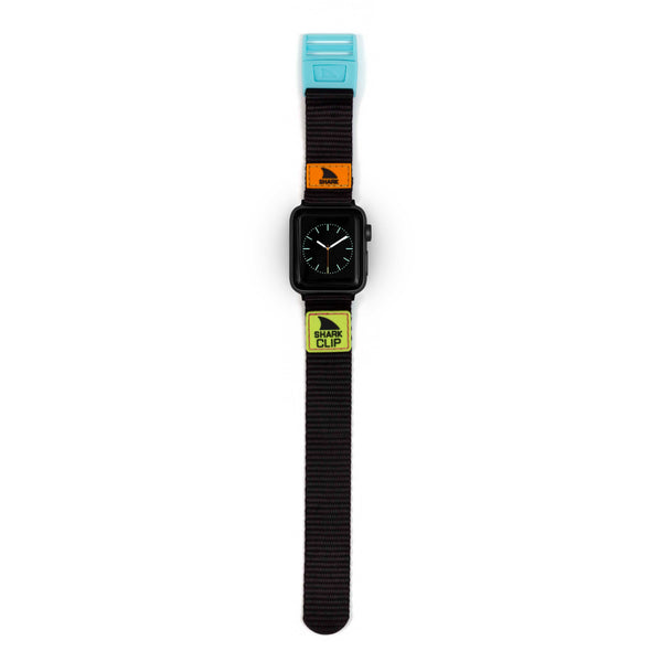 Freestyles APPLE WATCH™ CLIP STRAP NEON BLACK: A black wristwatch strap with colorful accents on a white backdrop.