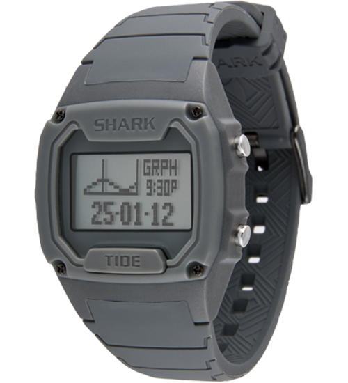 Freestyle Shark Classic Strap Kit in Dark Grey with buckle, displaying tide graph, calendar, and digital numbers on the watch face.