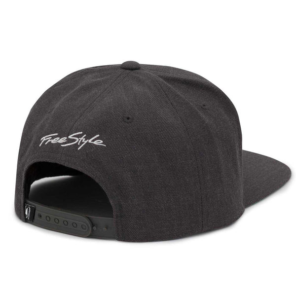 A heather grey Shark Fin Snapback Hat by Freestyle with white Freestyle embroidered above the back.