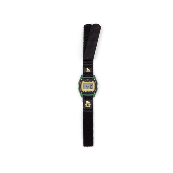 Freestyles SHARK MINI LEASH RANGER wristwatch with a black fabric strap featuring green details, displaying 4:37, water-resistant.