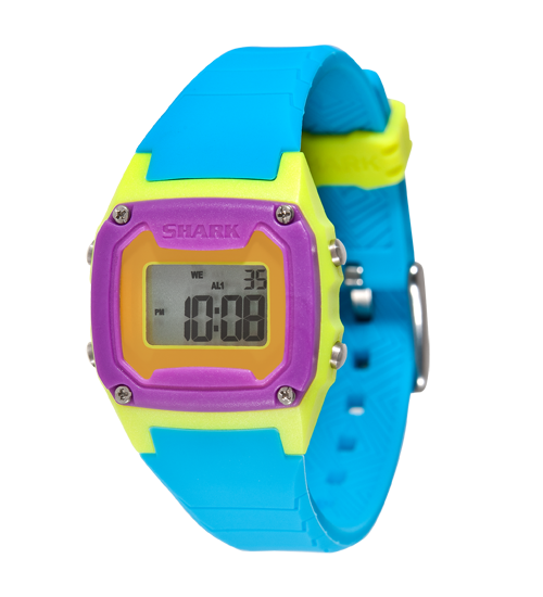 Freestyle Shark Mini watch with a cyan/green silicone strap, vibrant face, and frame, showing numbers on its digital display.