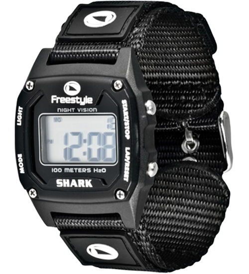 Black Shark Mini digital wristwatch with a nylon strap by Freestyle, displaying 12:08.
