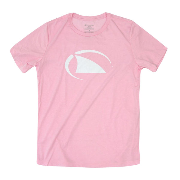 Freestyle Women’s Big Fin Tee Pink: relaxed fit, crew neck, white abstract sailboat logo front and center.