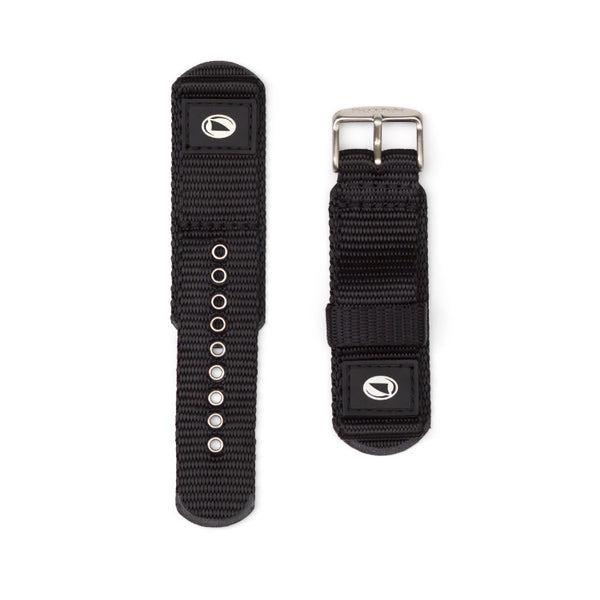 Two durable Freestyle Shark Classic black nylon straps with silver buckles, grommets, and logo patch attached.