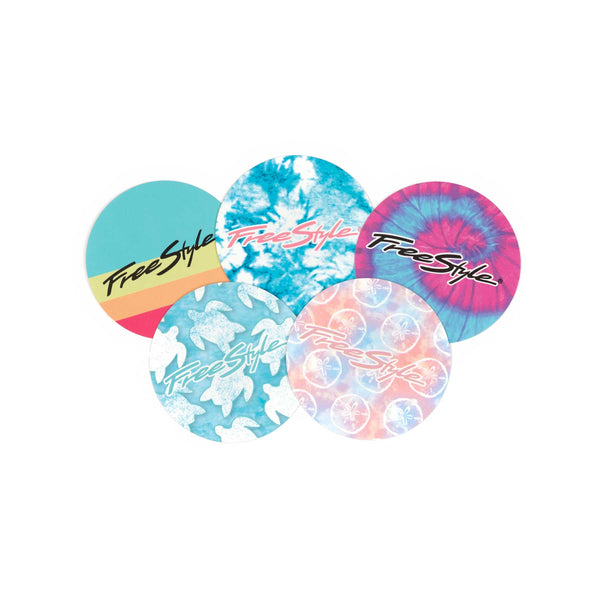Five vibrant Freestyle Tie Dye Waterproof Stickers with limited edition graphics on a white background.