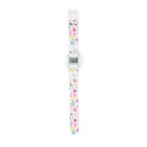 Freestyle SHARK MINI CLIP REEF LIFE digital watch with a white and pastel floral clip band, displayed on a white background.
