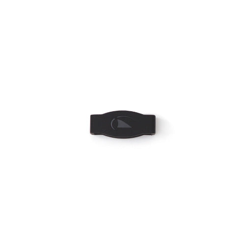 A small black Lopex III Keeper strap clip by Freestyle, made of polyurethane, featuring a feather logo on a white background.