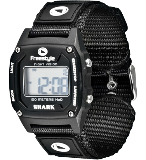 The Freestyle Shark Classic Strap Kit in black nylon features a digital screen with numbers displayed.