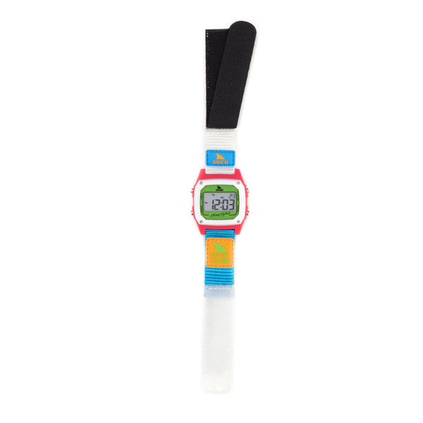 Freestyle SHARK CLASSIC LEASH NEON 2.0 with red bezel, white strap, and colorful Velcro patches.