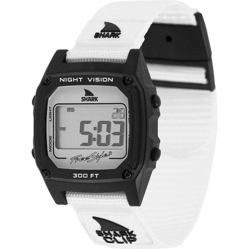 White Freestyle SHARK CLASSIC CLIP MONOCHROME watch featuring a black face, shark logo, and limited lifetime warranty.