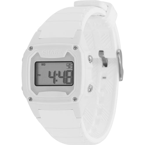 Freestyle SHARK CLASSIC WHITE OUT digital watch with textured silicone band, water resistant, displaying numbers and letters on its face.