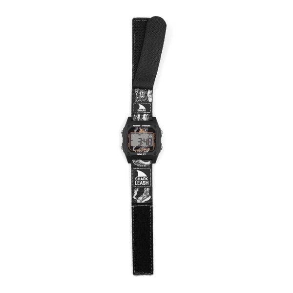Freestyles SHARK CLASSIC LEASH OCTOPUS BLACK digital watch with a black Velcro band, shark theme, and water resistance.