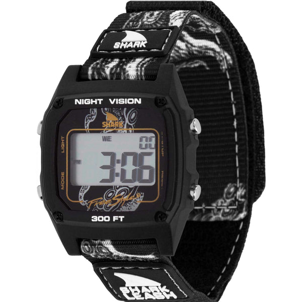 Freestyle SHARK CLASSIC LEASH OCTOPUS BLACK watch with a digital display showing 3:06, featuring a patterned strap and water-resistant design.