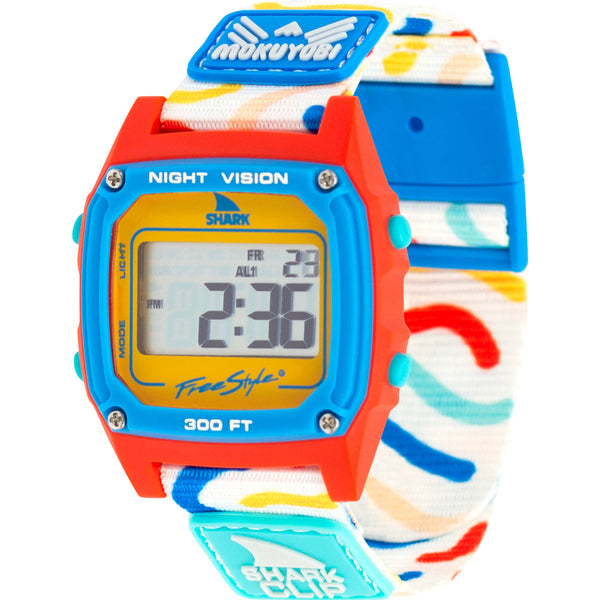 Freestyles Shark Classic features a colorful clip strap, displays 2:36 with the Shark logo, and offers Night Vision.