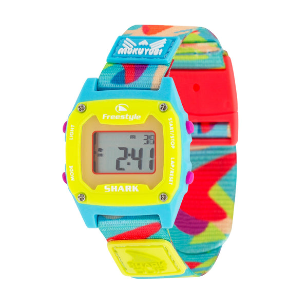 Freestyle Shark Mini - Strap Kit - Clip - MOKUYOBI features a colorful face and woven polyester Shark Clip Strap.