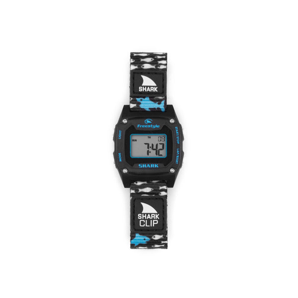 Freestyle SHARK MINI CLIP SHARK SCHOOL: digital wristwatch featuring a black and white strap, blue accents, and a clip band system.