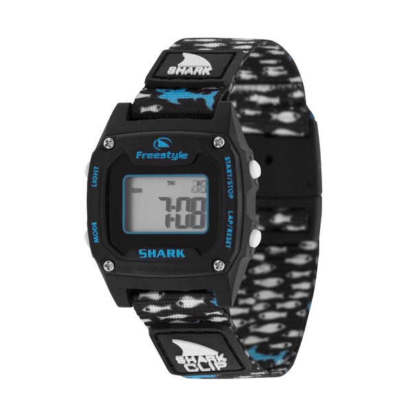 Black and blue Freestyle SHARK MINI CLIP SHARK SCHOOL watch with patterned strap and 7:00 display.