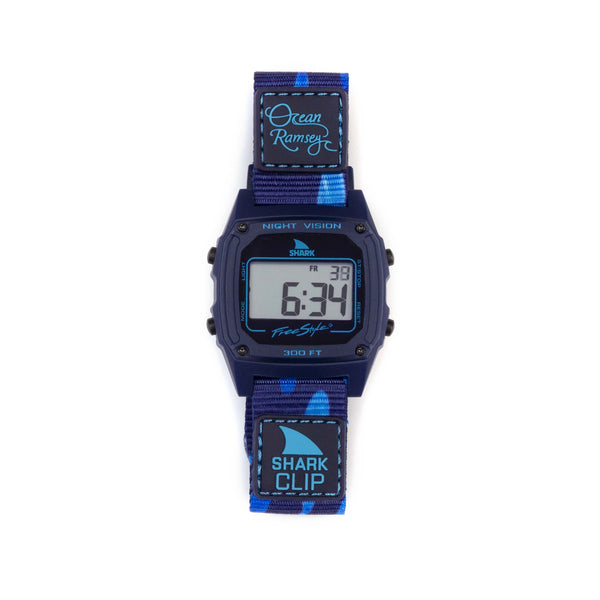 Freestyle OCEAN RAMSEY SIGNATURE SHARK CLASSIC CLIP DEEP BLUE watch with blue strap, display illuminated.