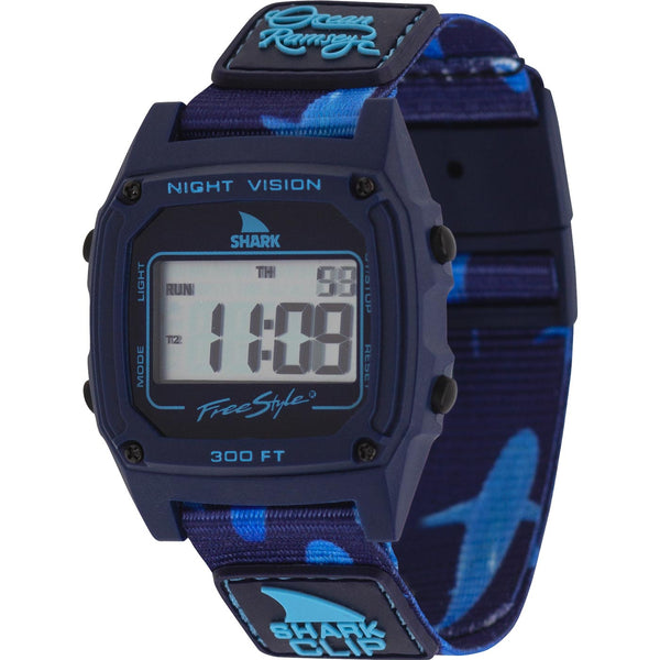Freestyle OCEAN RAMSEY SIGNATURE SHARK CLASSIC CLIP DEEP BLUE digital watch with blue strap, display shows standard numbers.