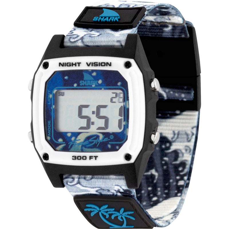 Freestyle LUKE DAVIS SIGNATURE SHARK CLASSIC CLIP WHITE WAVE watch displays numbers on its digital screen.