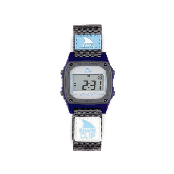 Freestyle SHARK CLASSIC CLIP SEA LION digital watch with a gray fabric strap and blue Shark Clip accents.