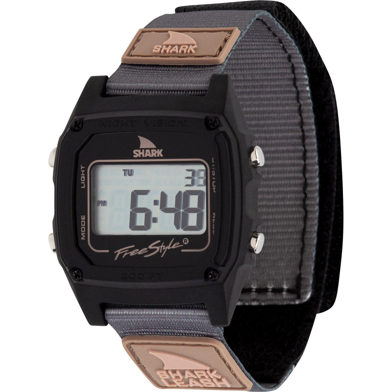 Freestyle SHARK CLASSIC LEASH SAHARA watch: black face, gray strap, water resistant, digital display with numbers and letters.