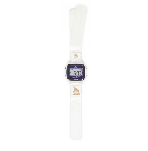 Freestyle SHARK CLASSIC LEASH WHITE DOLPHIN: white watch, purple face, water-resistant, shows 6:07.