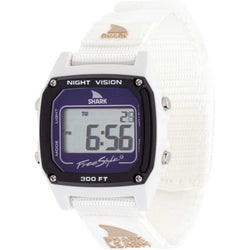 The SHARK CLASSIC LEASH WHITE DOLPHIN by Freestyle is a white rectangular digital watch, 300FT water resistant, featuring an easy-to-read display.