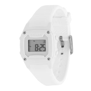 The Freestyle SHARK MINI WHITE OUT surf watch features a water-resistant design with a rectangular face and digital display.