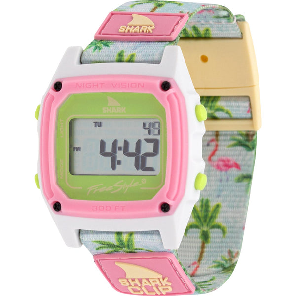 Freestyles Shark Classic - Clip Flamingo Sunrise watch, with a pastel pink/green face and tropical shark clip strap, displays 4:42.