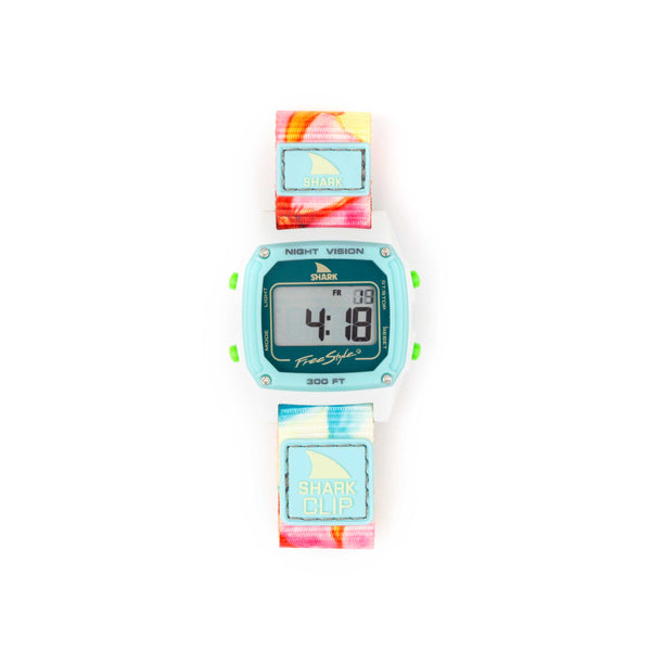 Freestyle Shark Classic Clip Flower Power by Sage Erickson with a tropical strap, Night Vision feature, and showing the time 4:18.