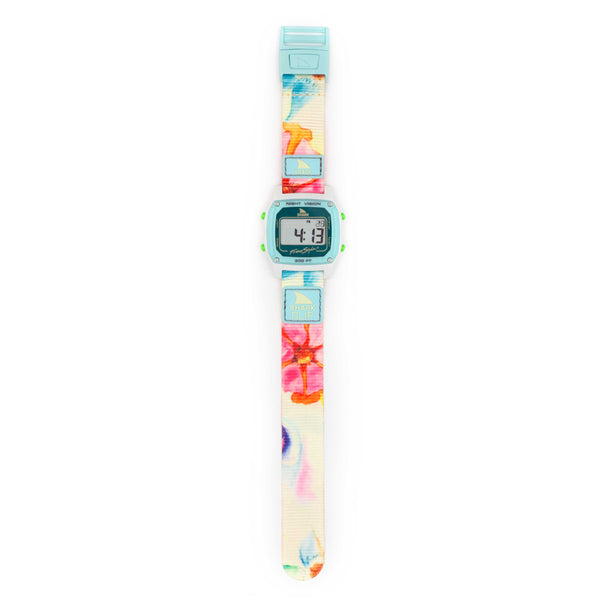 The Freestyle Sage Erickson Classic Clip Flower Power watch features vibrant tropical floral designs with a turquoise border.