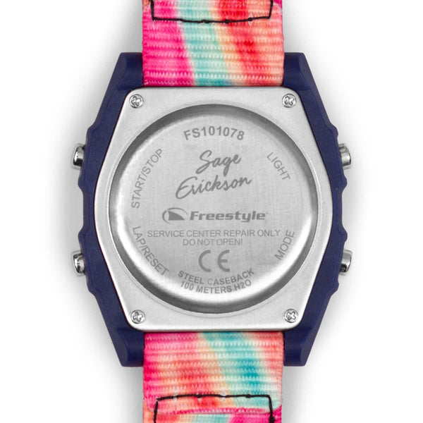 Back of a Freestyle SAGE ERICKSON SIGNATURE SHARK CLASSIC CLIP RAINBOW SORBET, engraved with model and care details.