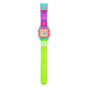 The Freestyle SHARK CLASSIC CLIP SOUR APPLE wristwatch displays neon pink, purple, blue, and green accents on a white background.