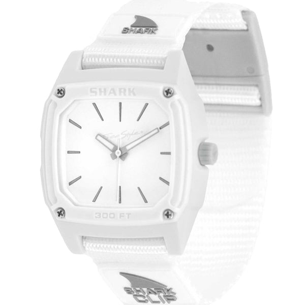 Freestyle SHARK CLASSIC CLIP watch featuring a square face, minimalist dial, white strap, and shark fin logo; water-resistant design.