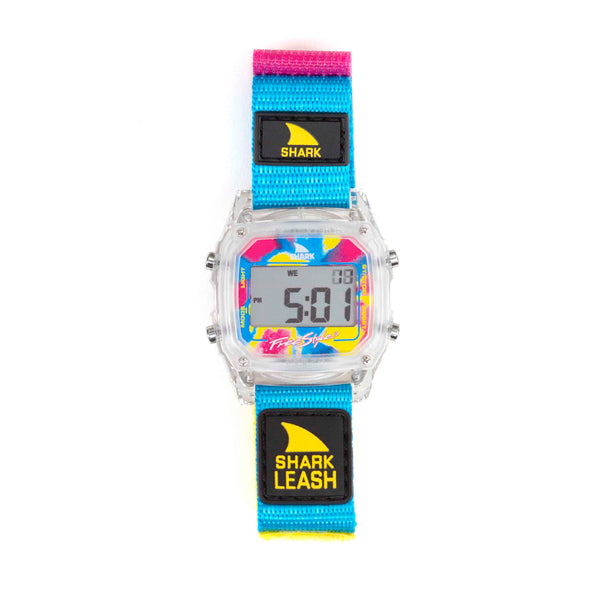 Freestyle SHARK CLASSIC LEASH CLEAR/CYAN digital watch featuring a clear case and water-resistant design.