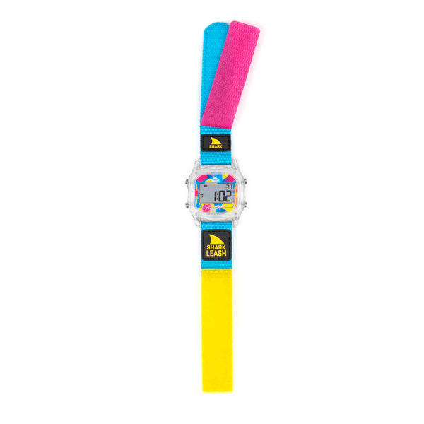Freestyle SHARK CLASSIC LEASH CLEAR/CYAN digital wristwatch featuring a clear face, vibrant strap, and water-resistant design.