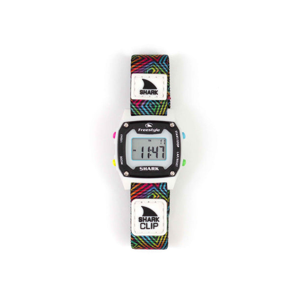 Freestyle SHARK CLASSIC MINI CLIP SINCE 81 MINI NEON WAVE, a retro digital watch with a vibrant, multicolored strap.