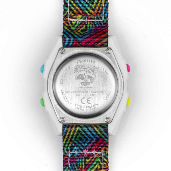 Back of the Freestyle SHARK CLASSIC MINI CLIP MINI NEON WAVE with geometric strap and engraved case.