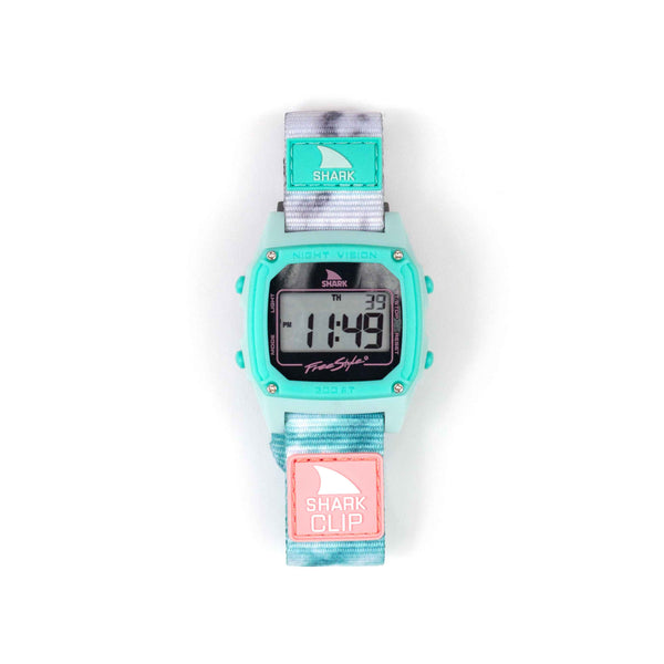 Freestyle SHARK CLASSIC CLIP TIE DYE AQUA CLOUD watch with a patterned strap and a digital display.