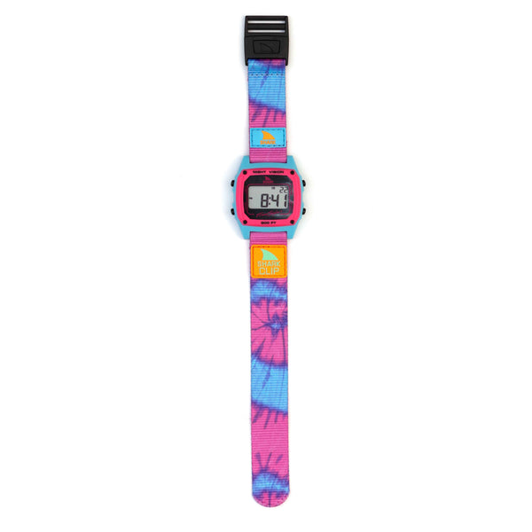 Freestyle SHARK CLASSIC CLIP TIE DYE PINK SPLASH digital watch with blue and pink strap and retro-futurism display.